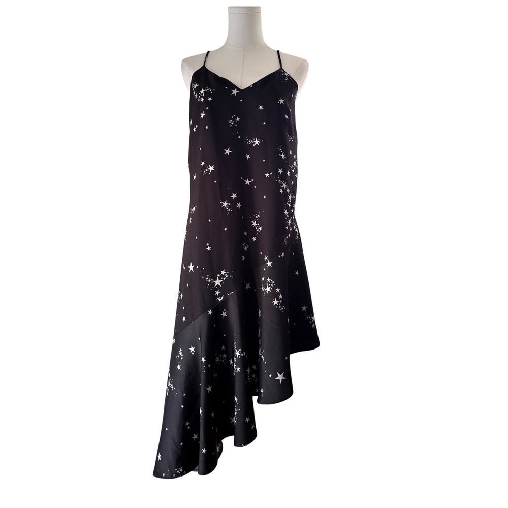 Weekday Hilda Star Print Asymmetrical Slip Midi Dress Black White Small